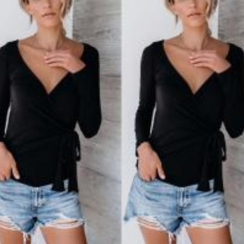 NEW Black Cross-Over Wrap Long Sleeve Top